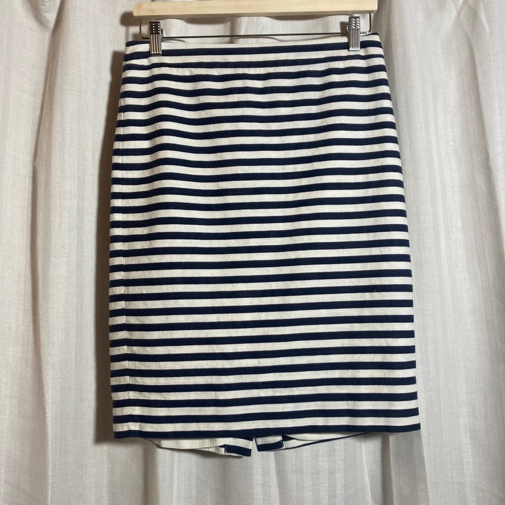 J.Crew No. 2 Pencil Skirt Navy White Striped Linen‎ Cotton Blend Size 4 Nautical